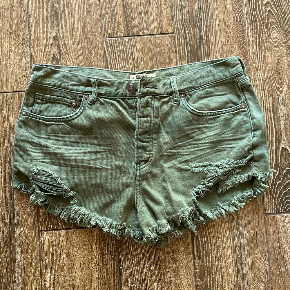 We The Free High-Rise Frayed Hem Olive Green Denim Shorts